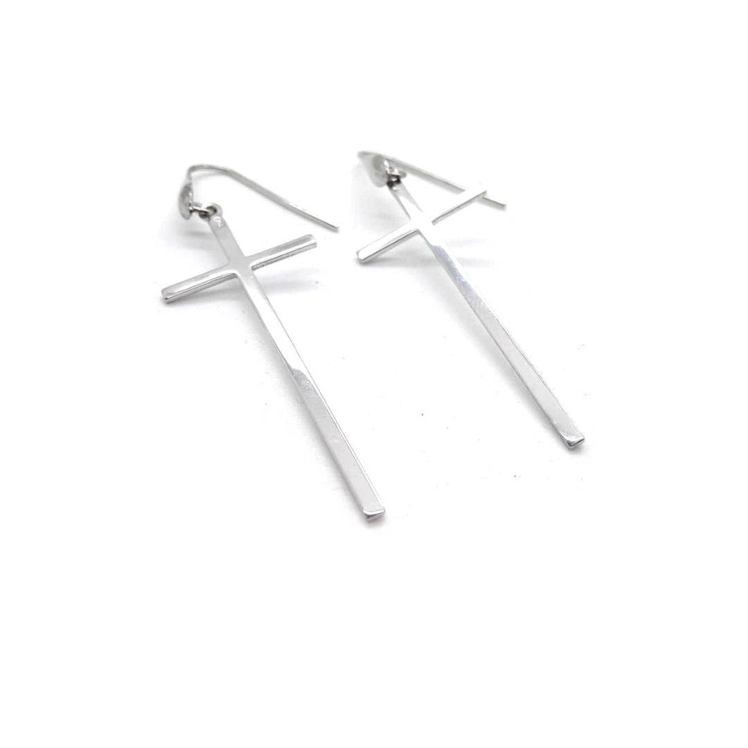 Big SPARKLY CRYSTAL CROSS Dangle 8cm Long Earrings SILVER - Foto 2